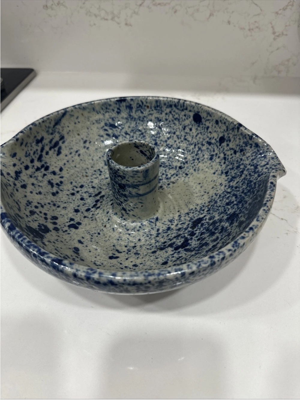 Pottery Chicken Cooker Cobalt Blue Tan/Gray  Handmade Bakeware